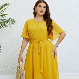 Belted Flutter Sleeve High-Low Dress